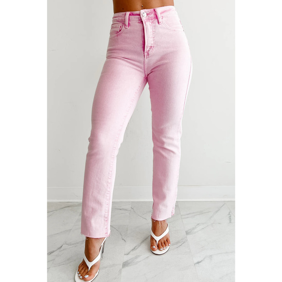 Risen Tyla Nadine High Rise Raw Hem Straight Leg Jeans in Acid Pink Size 11 / 30 - Picture 1 of 16